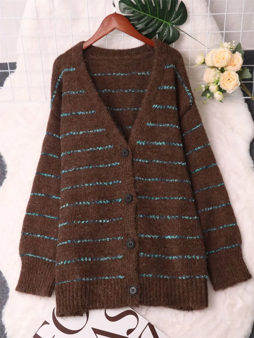 Striped Button-Up Cardigan with V-Neck Design, image 16