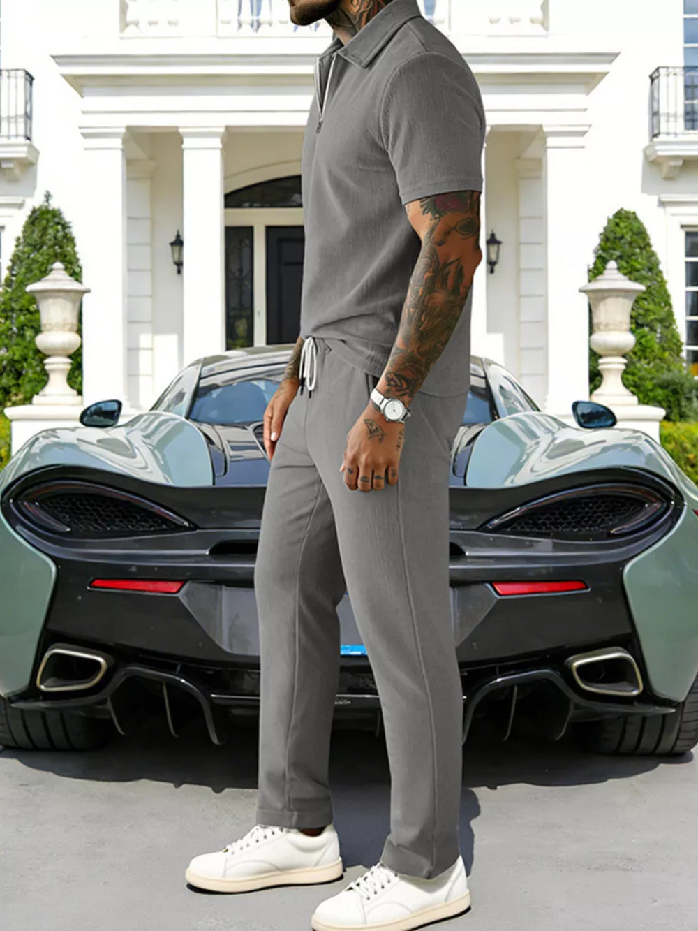 Men's Full Size Casual Zipper Polo Shirt and Drawstring Pants Set Plus Size, image 8
