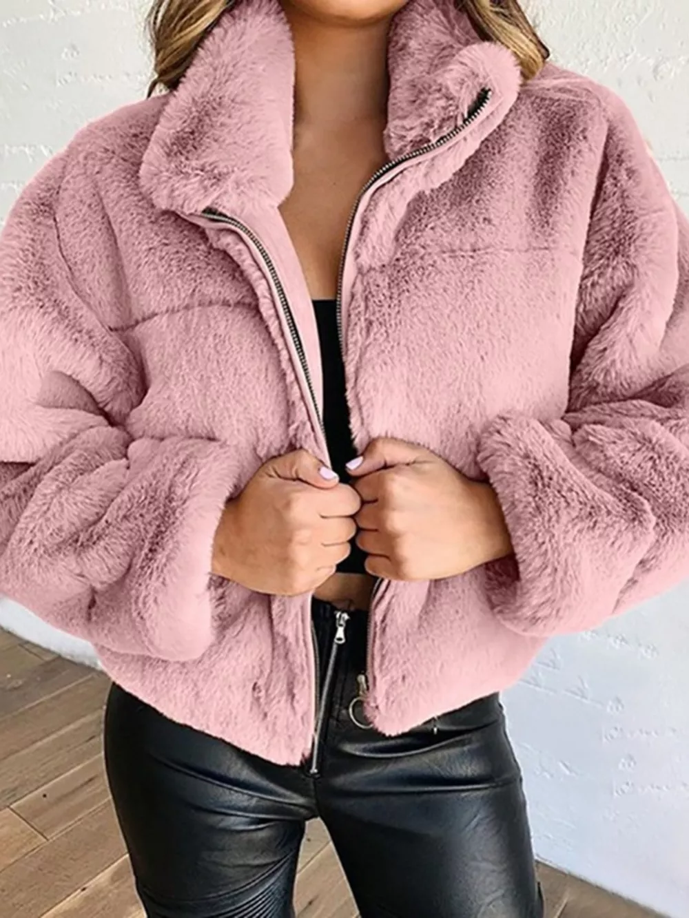 Full Size Faux Fur Cropped Zip-Up Jacket Plus Size, image 13