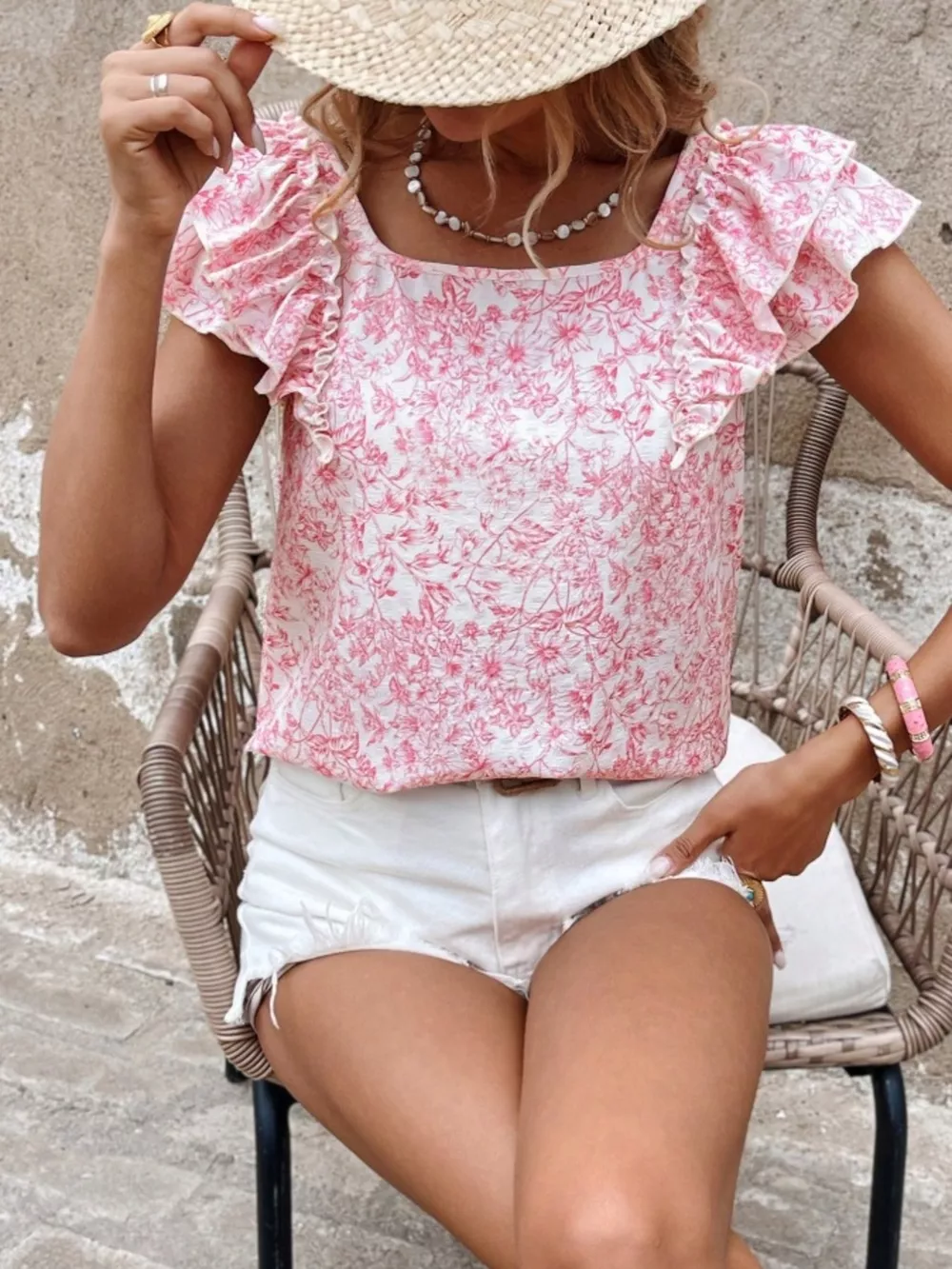 Floral Print Ruffle Trim Blouse, image 3