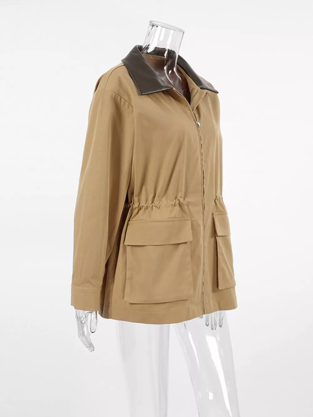 Oversized Contrast Collar Jacket with Drawstring Waist, image 11