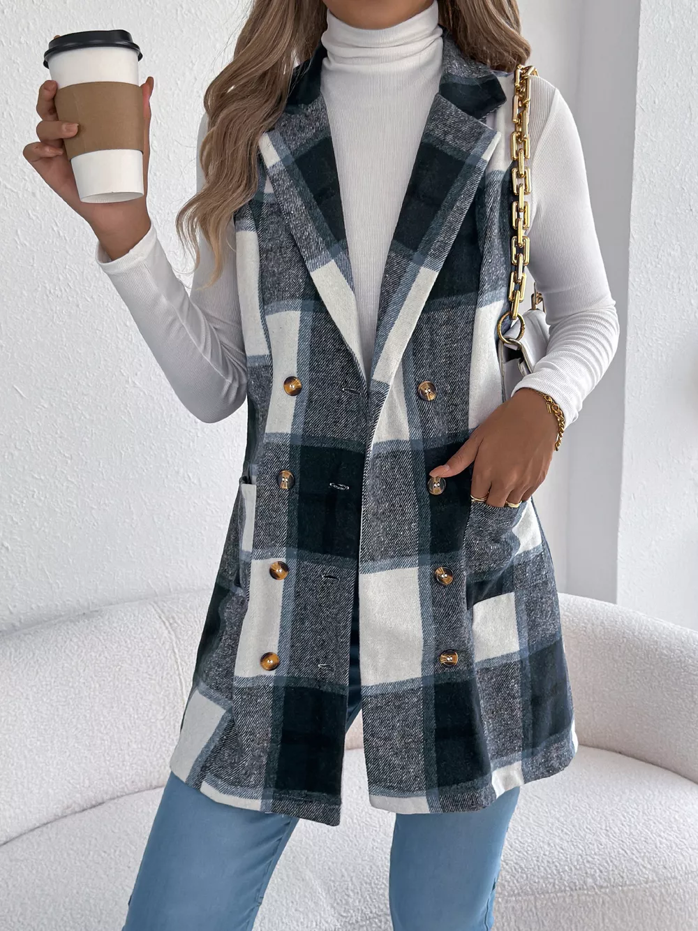 Plaid Double-Breasted Vest Coat, image 7