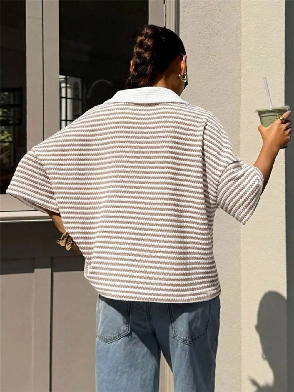 Striped Knit 3/4 Sleeve Polo Top, image 12