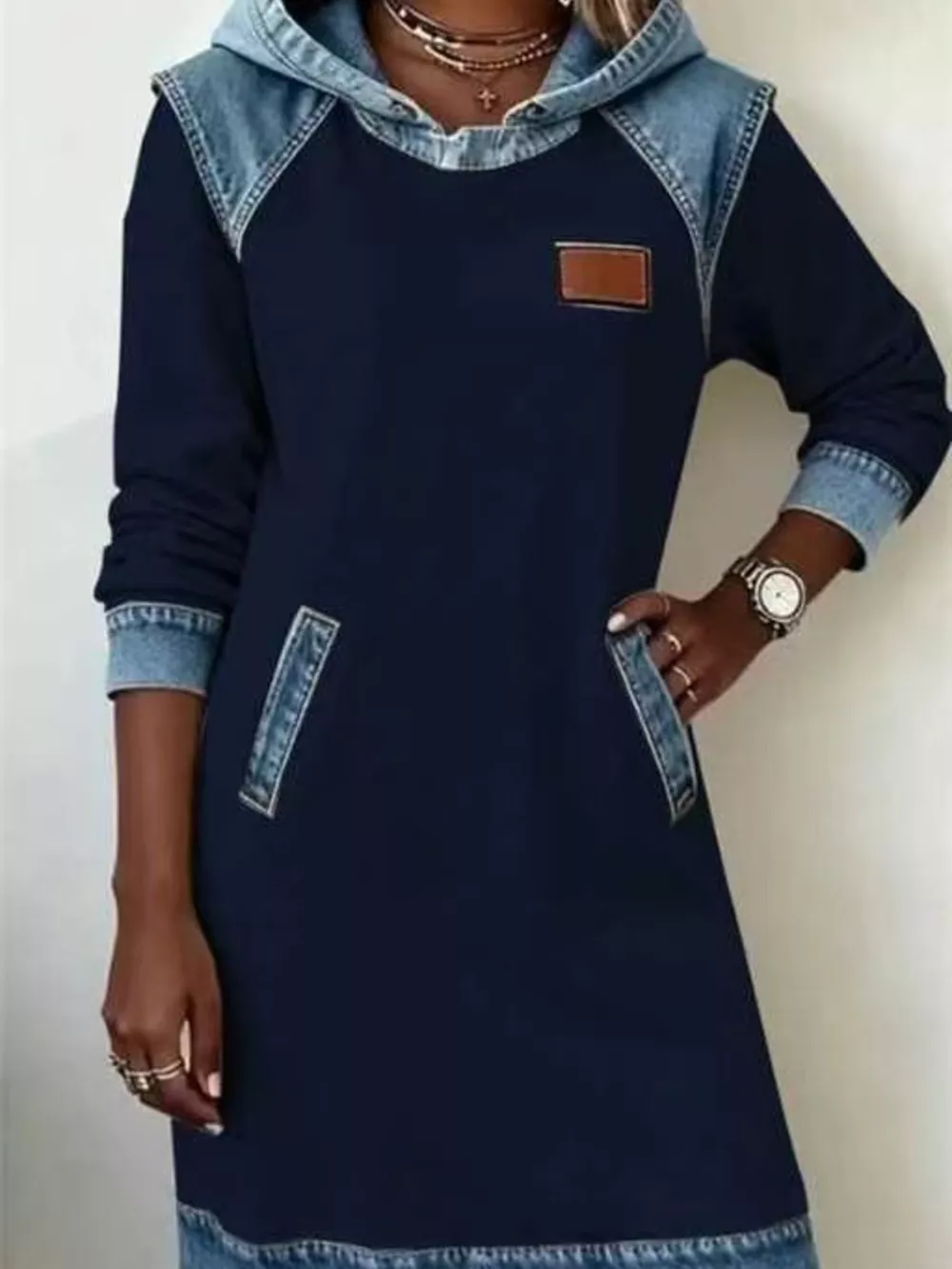 Full Size Denim Patchwork Hooded Sweatshirt Dress Plus Size, image 9