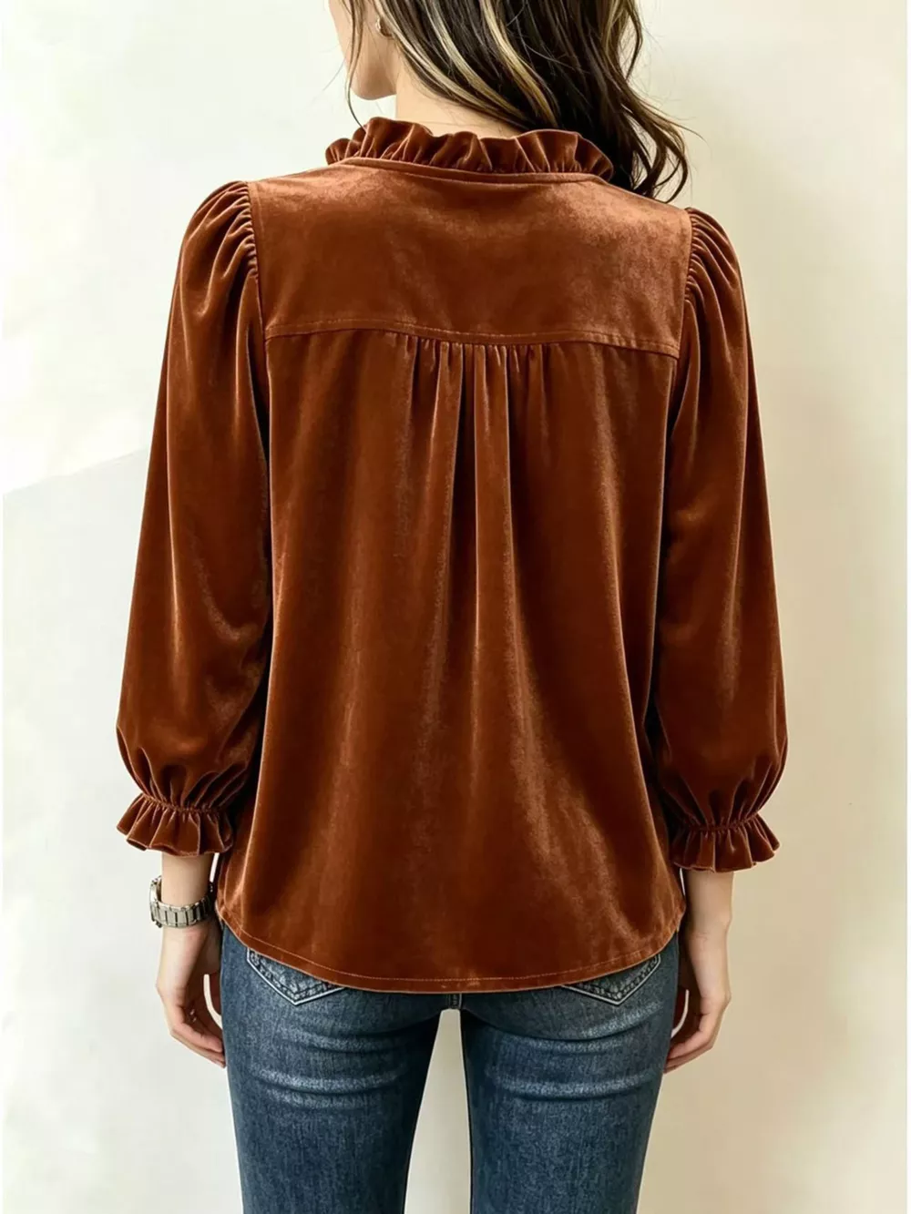 V-Neck Ruffled Velvet Button Down Blouse, image 2