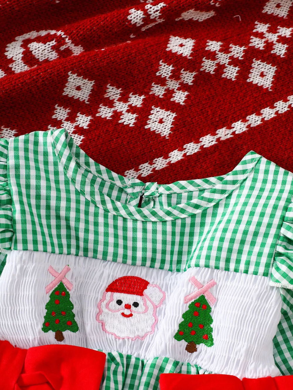 Children's Christmas Santa Embroidered Gingham One-Piece Bodysuit Dress, image 3