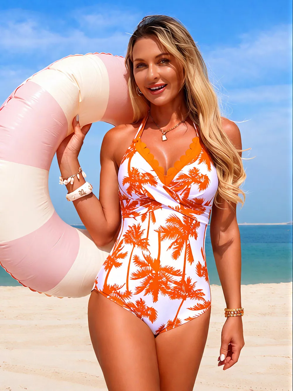 Tropical Palm Print Halter Neck One-Piece Swimsuit, image 16