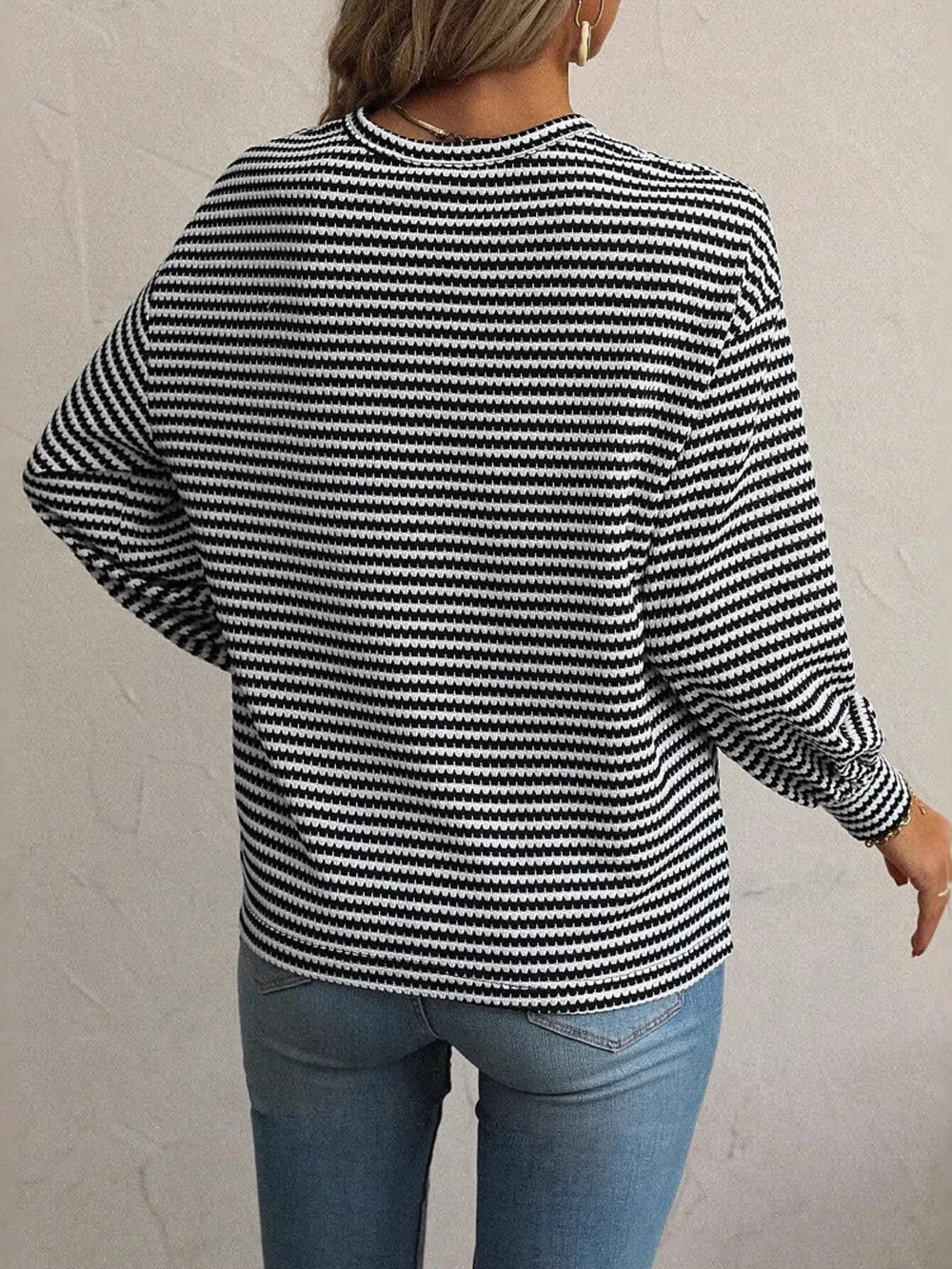 Striped Round Neck Lantern Sleeve Top, image 9