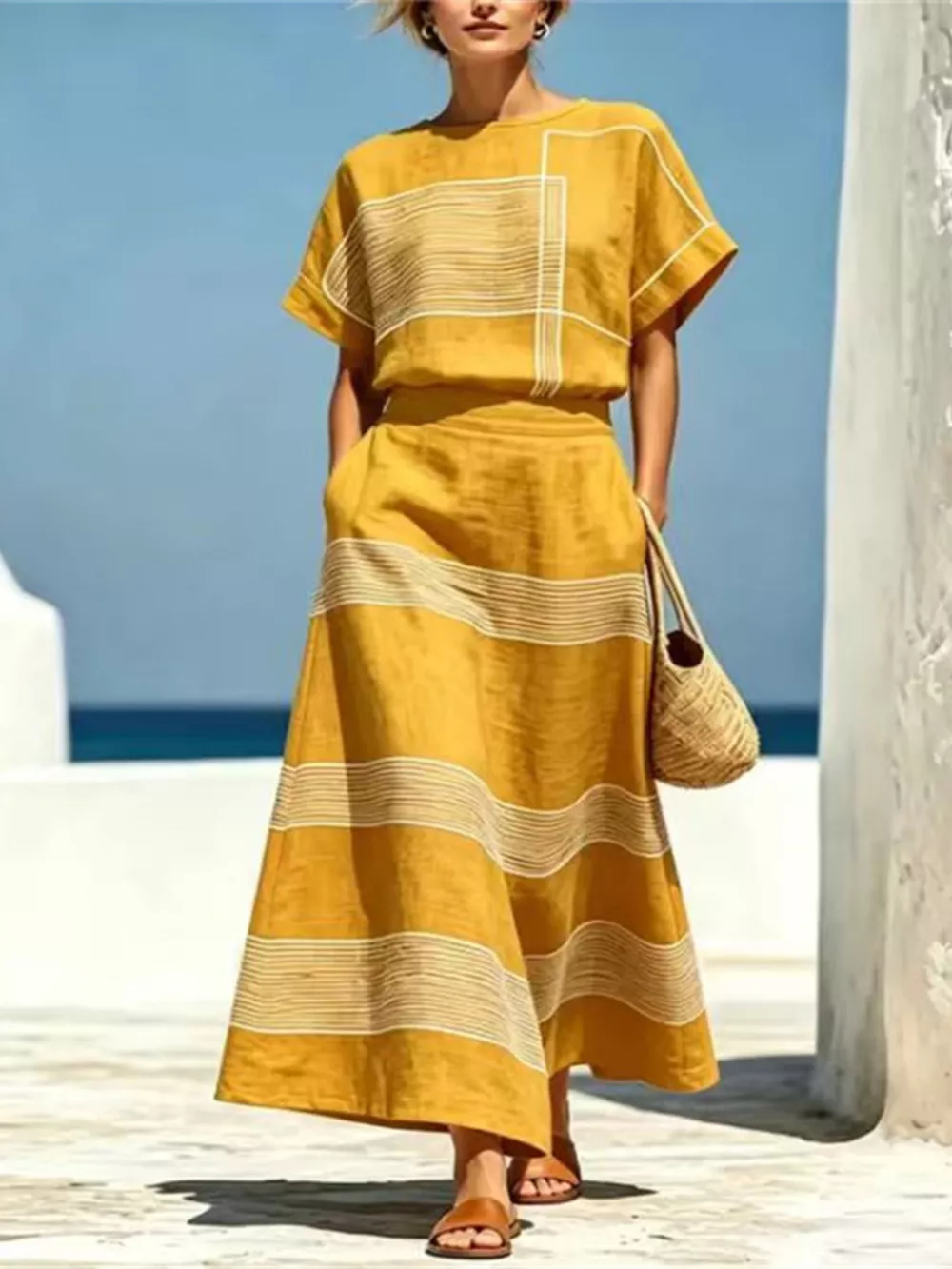 Full Size Striped Round Neck Top and Skirt Set Plus Size, image 11