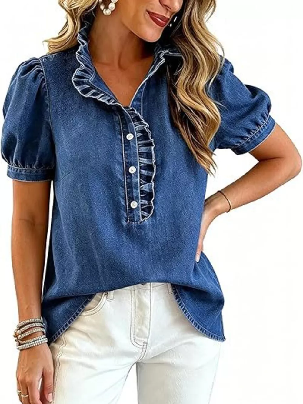 Frill Puff Sleeve Denim Top, image 11