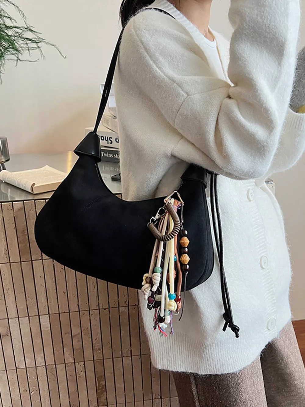 Vintage Suede Tassel Shoulder Bag, image 24