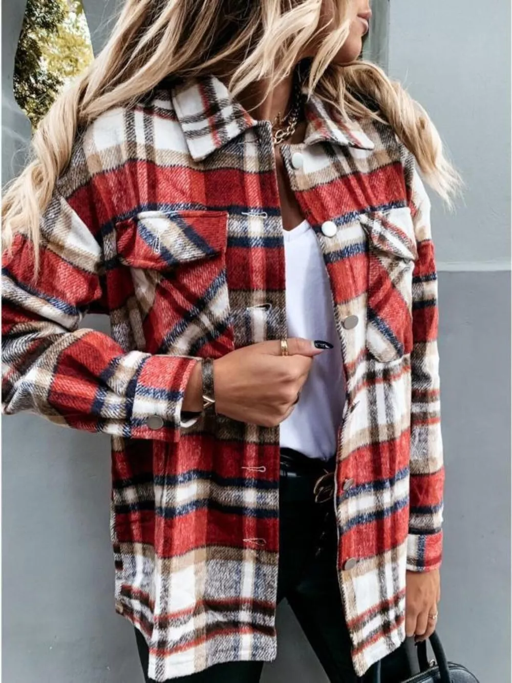 Plaid Button-Down Long Sleeve Shacket, image 5