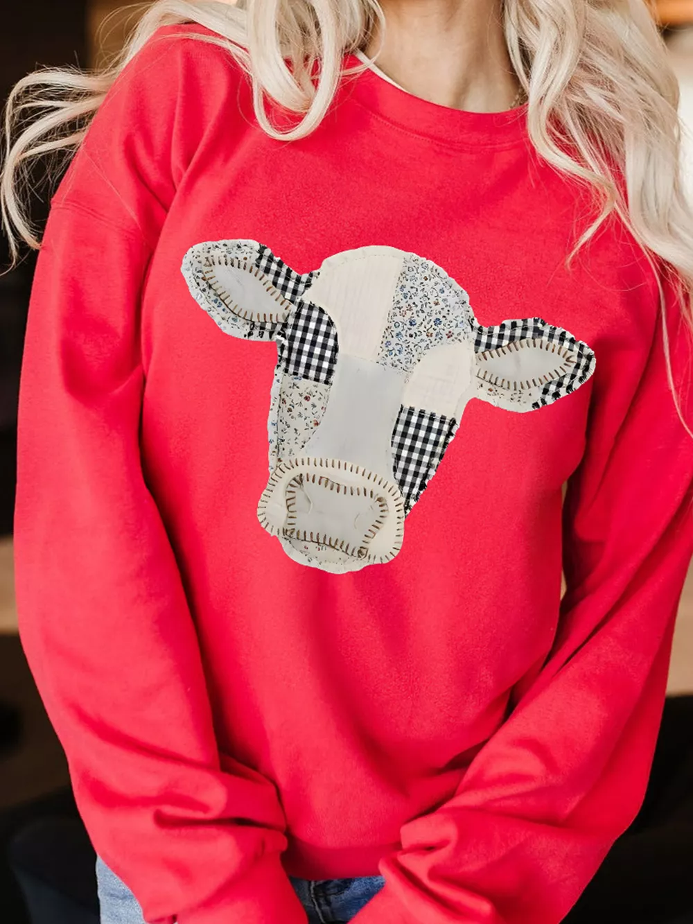Western Patchwork Cow Drop Shoulder Sweatshirt