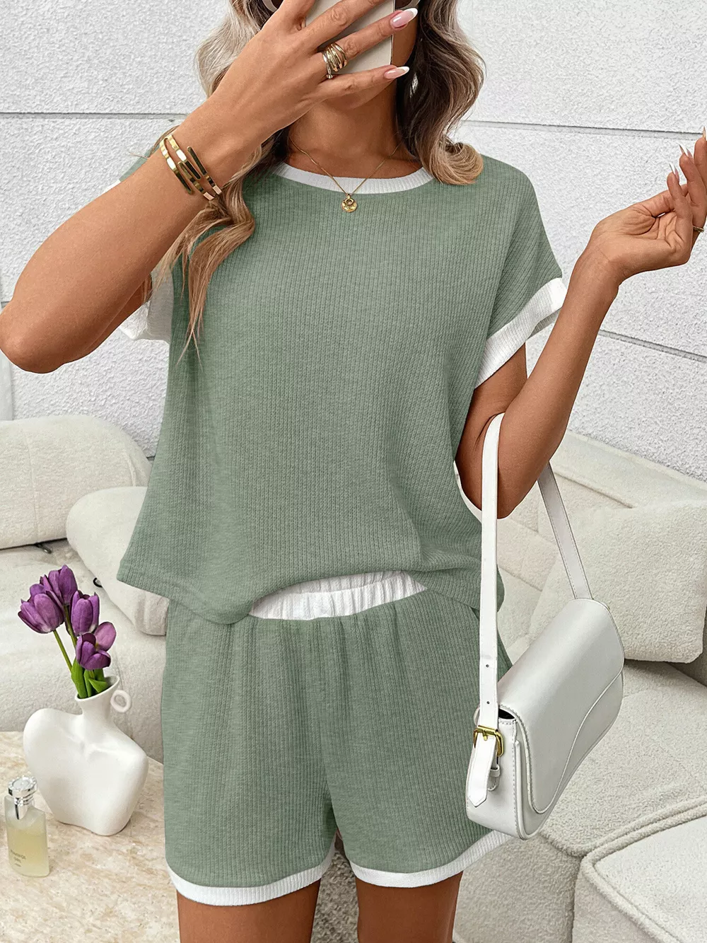 Contrast Trim Short Sleeve Top and Shorts Set, image 25