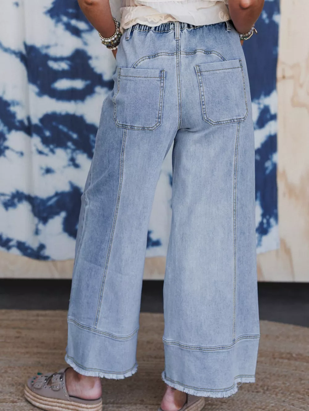 Wide Leg Drawstring Raw Hem Jeans, image 5