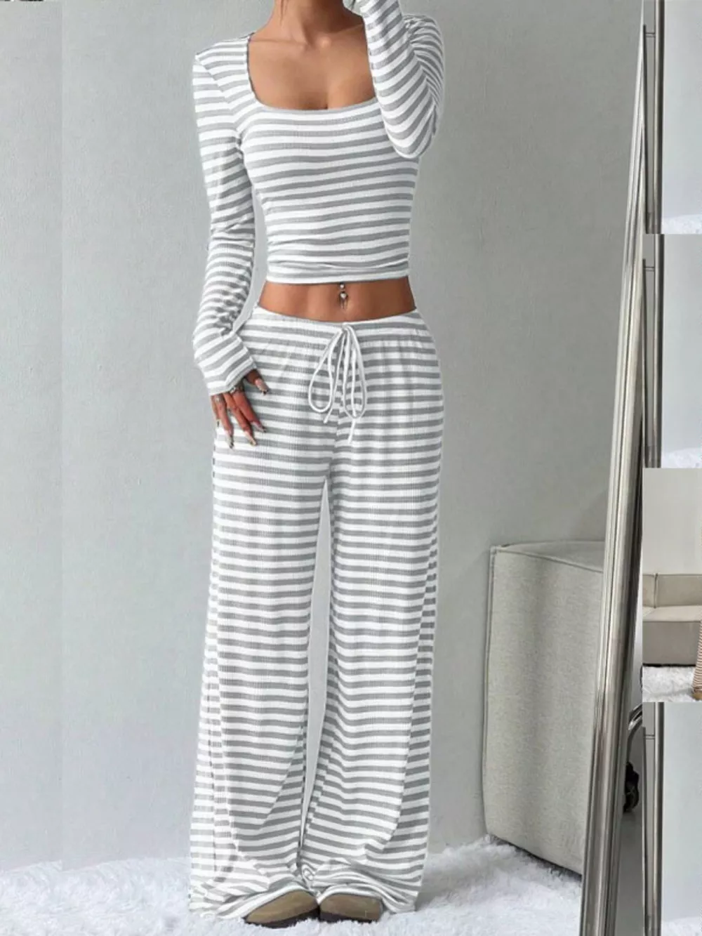 Striped Long Sleeve Crop Top and Wide Leg Pants Set, image 12