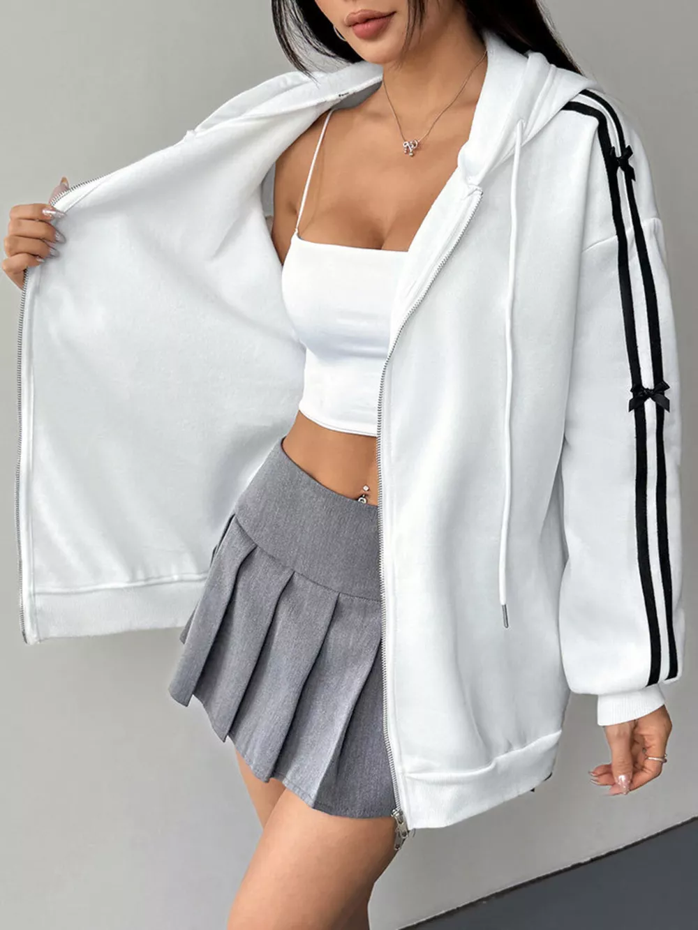 Striped Sleeve Zip-Up Drawstring Hoodie, image 5
