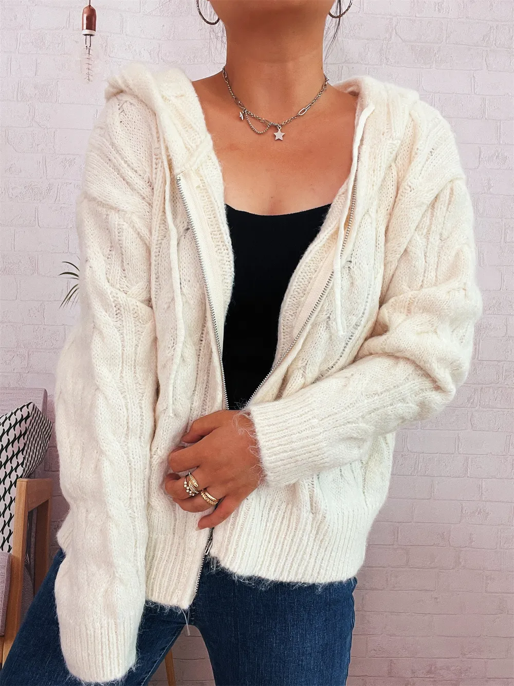 Cable Knit Hooded Zip-Up Cardigan, image 8