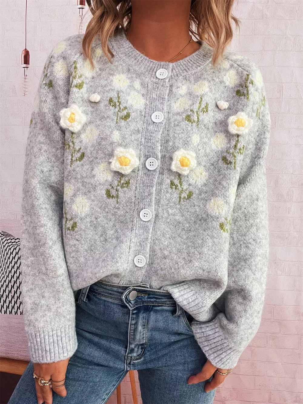 Flower Button Up Long Sleeve Cardigan, image 6