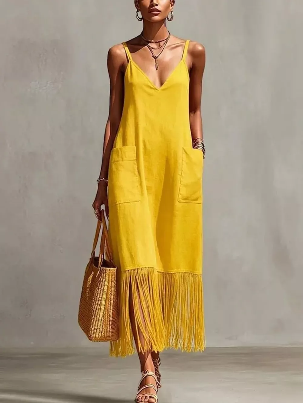 Full Size Fringe V-Neck Spaghetti Strap Dress Plus Size, image 9