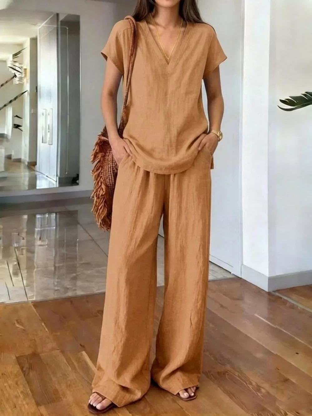 Full Size V-Neck Short Sleeve Top and Pants Set Plus Size, image 12