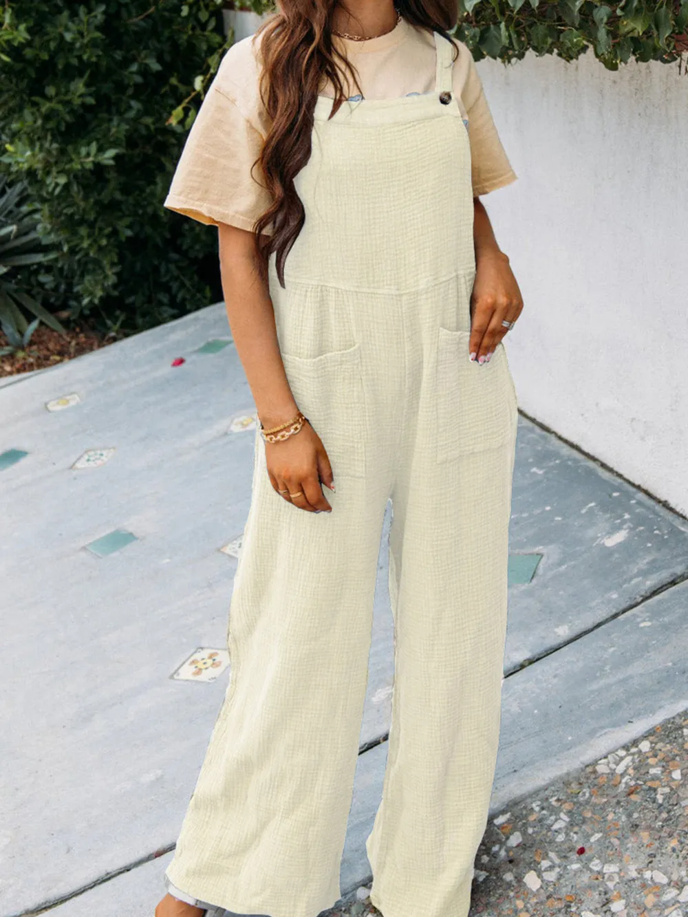 Full Size Casual Wide Leg Textured Overalls Plus Size