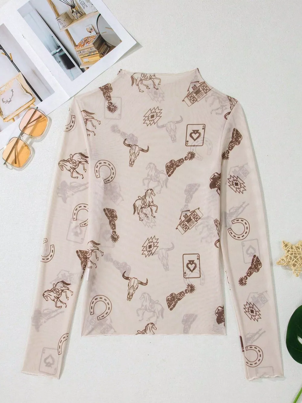 Printed Mesh Long Sleeve Slim Fit Top, image 9