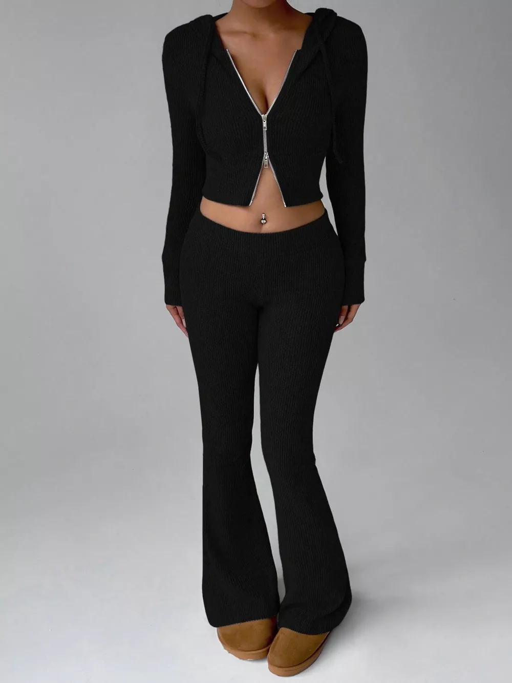 Ribbed Knit Zip-Up Hooded Top and Flared Pants Set
