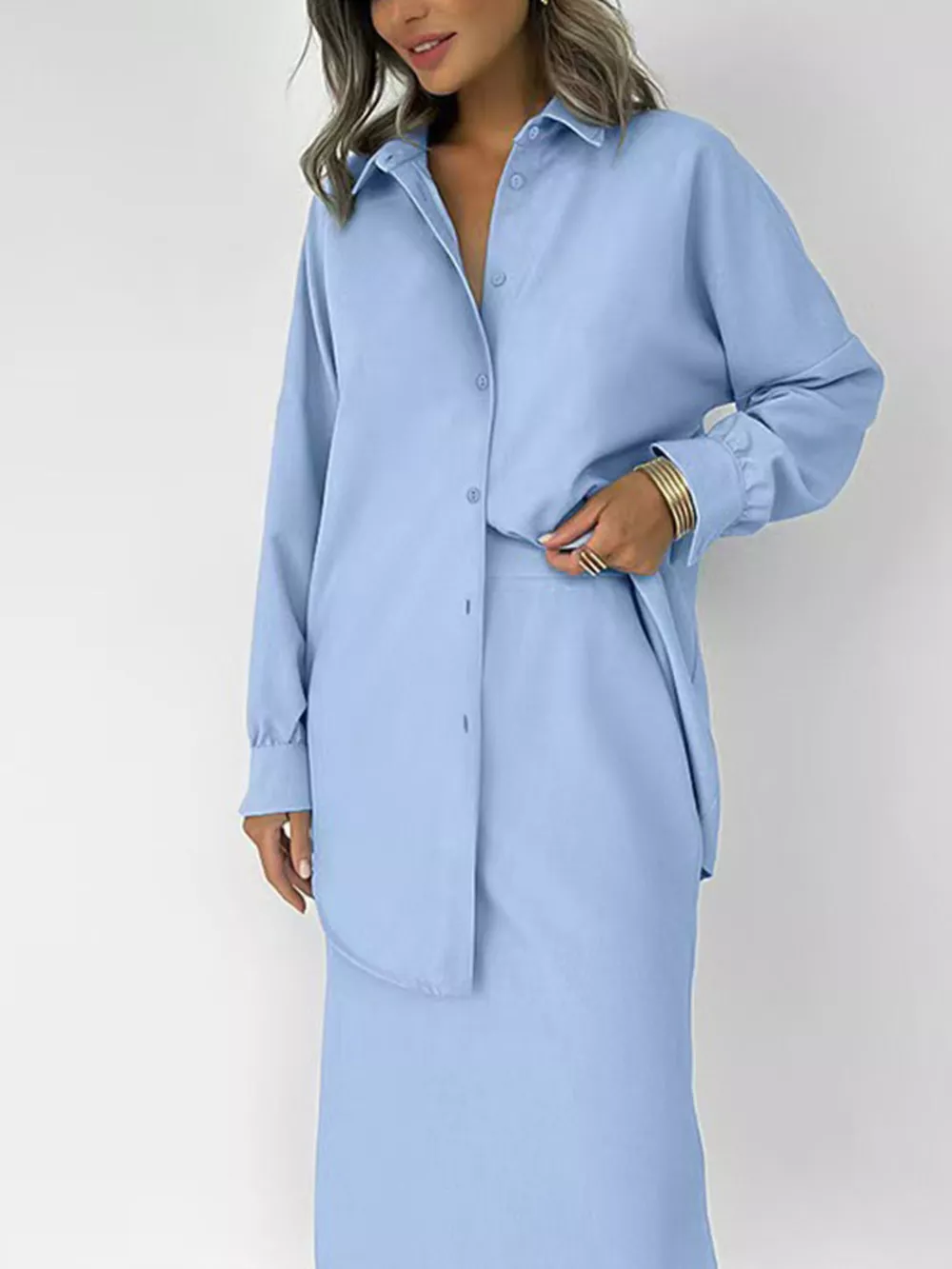 Long Sleeve Shirt and Slit Midi Skirt Set, image 3