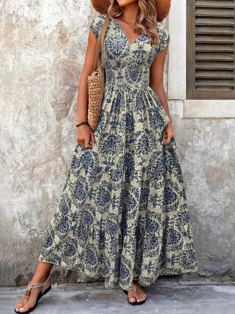 Printed Cap Sleeve Maxi Dress, image 7