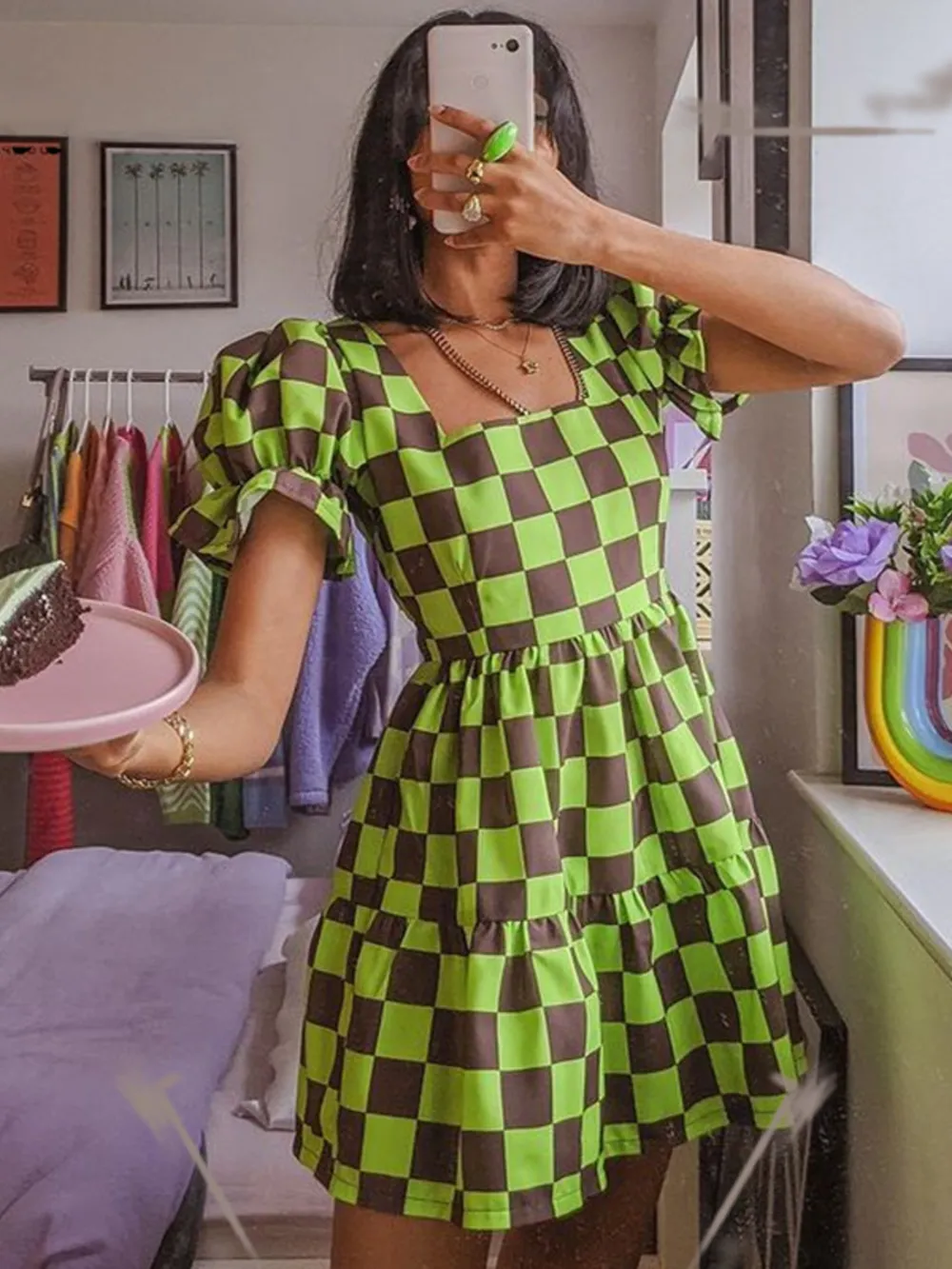 Checkered Short Sleeve Tiered Mini Dress, image 3