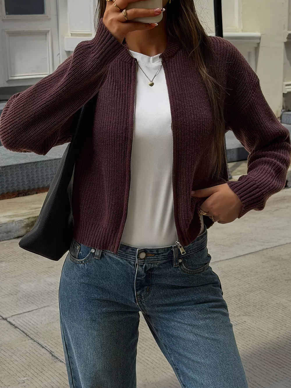 Ribbed Knit Zip-Up Bomber Cardigan, image 3