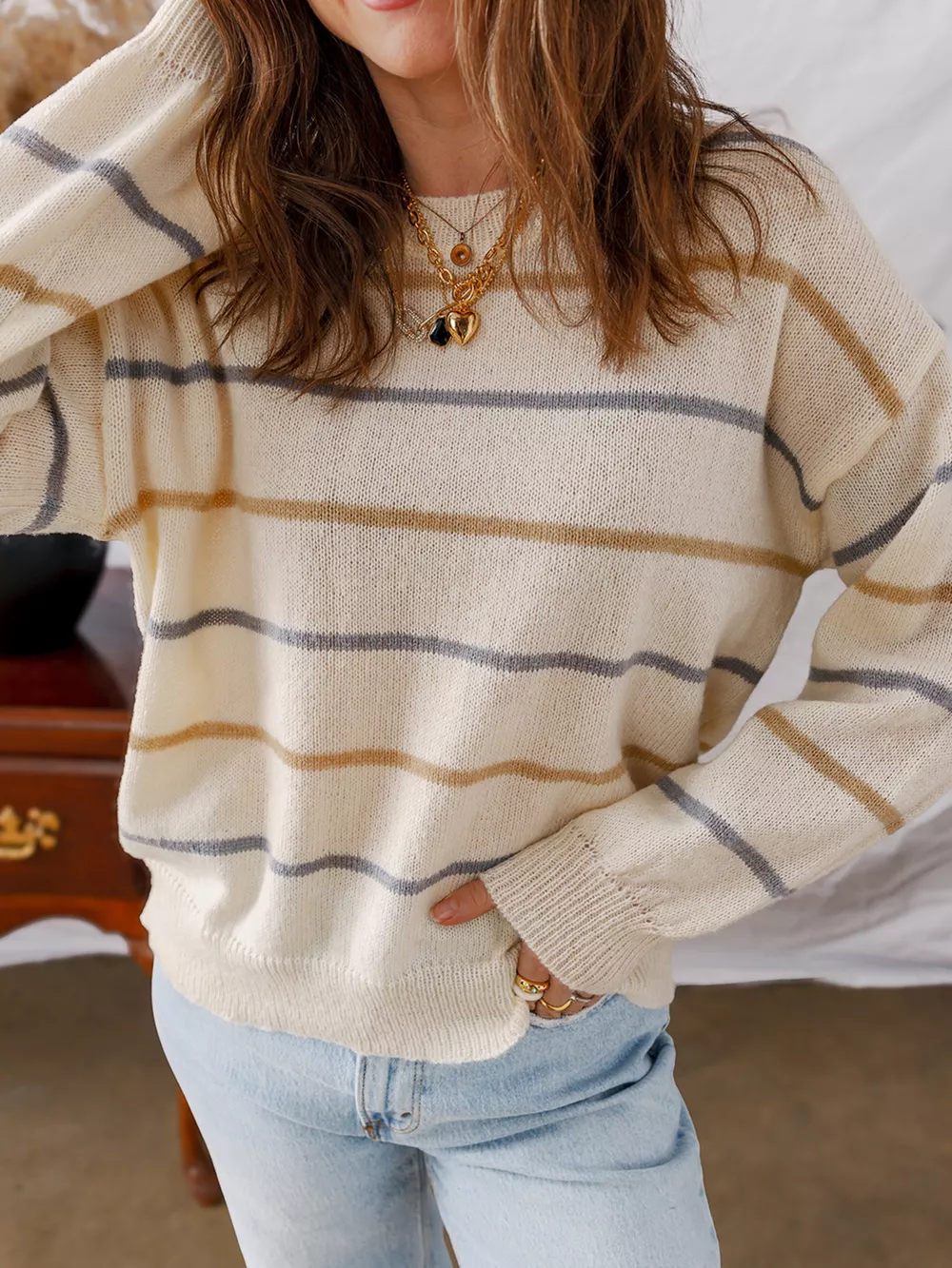 Stripe Striped Ribbed Edge Drop Shoulder Sweater, image 5
