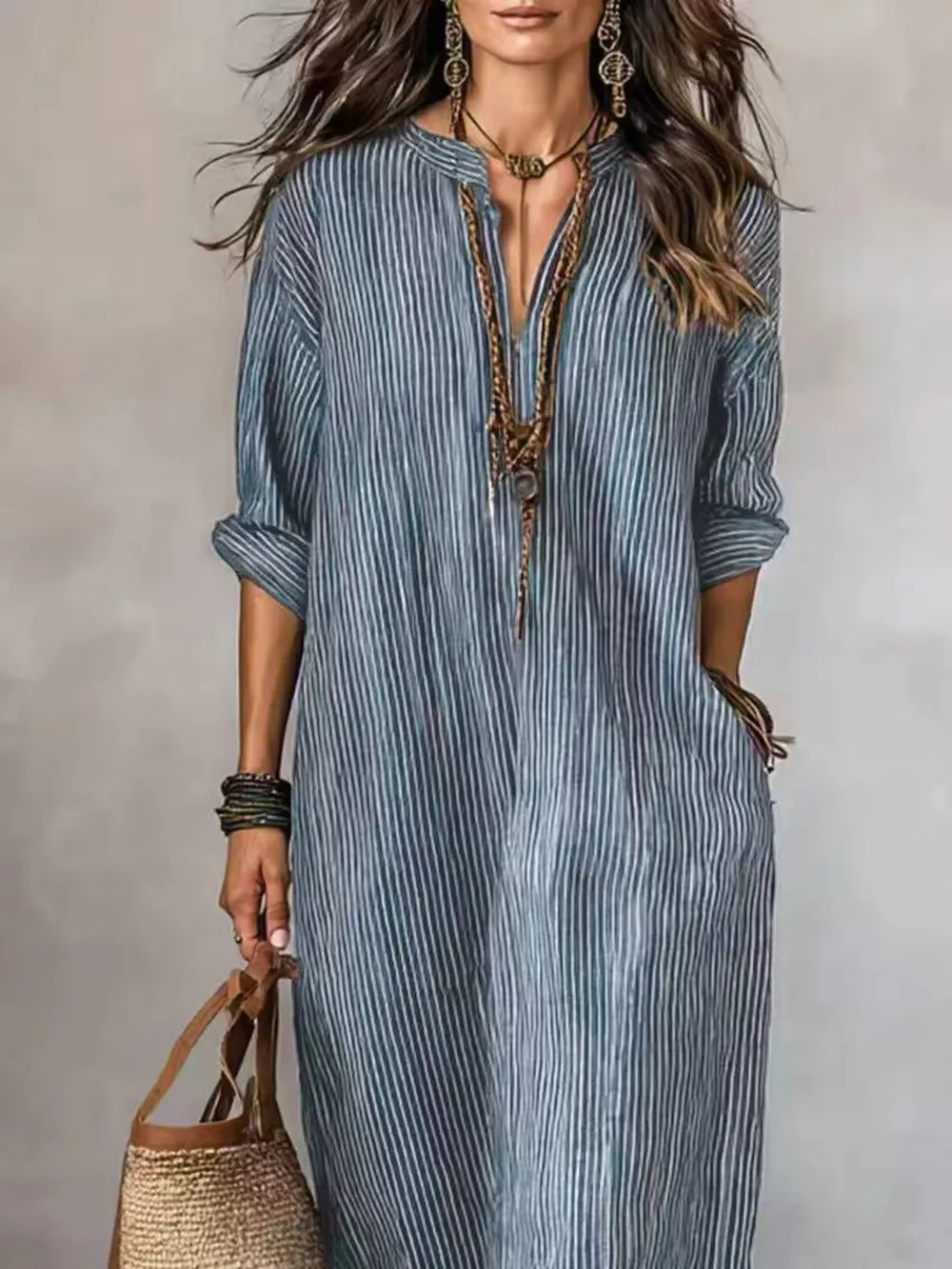 Full Size Striped Notched Maxi Dress with Pockets Plus Size, image 3