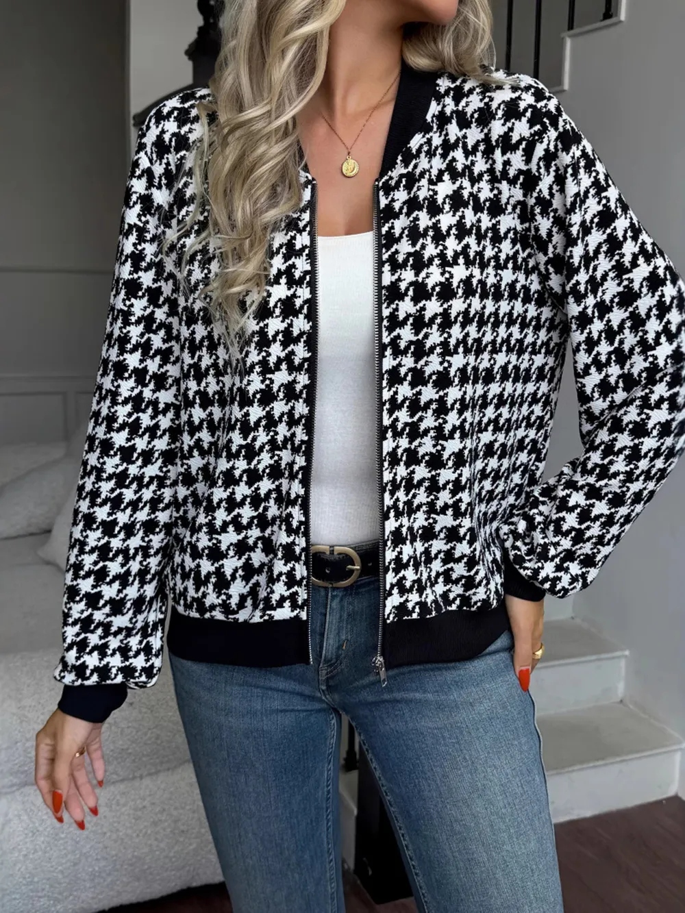 Zip Up Houndstooth Pattern Jacket, image 2