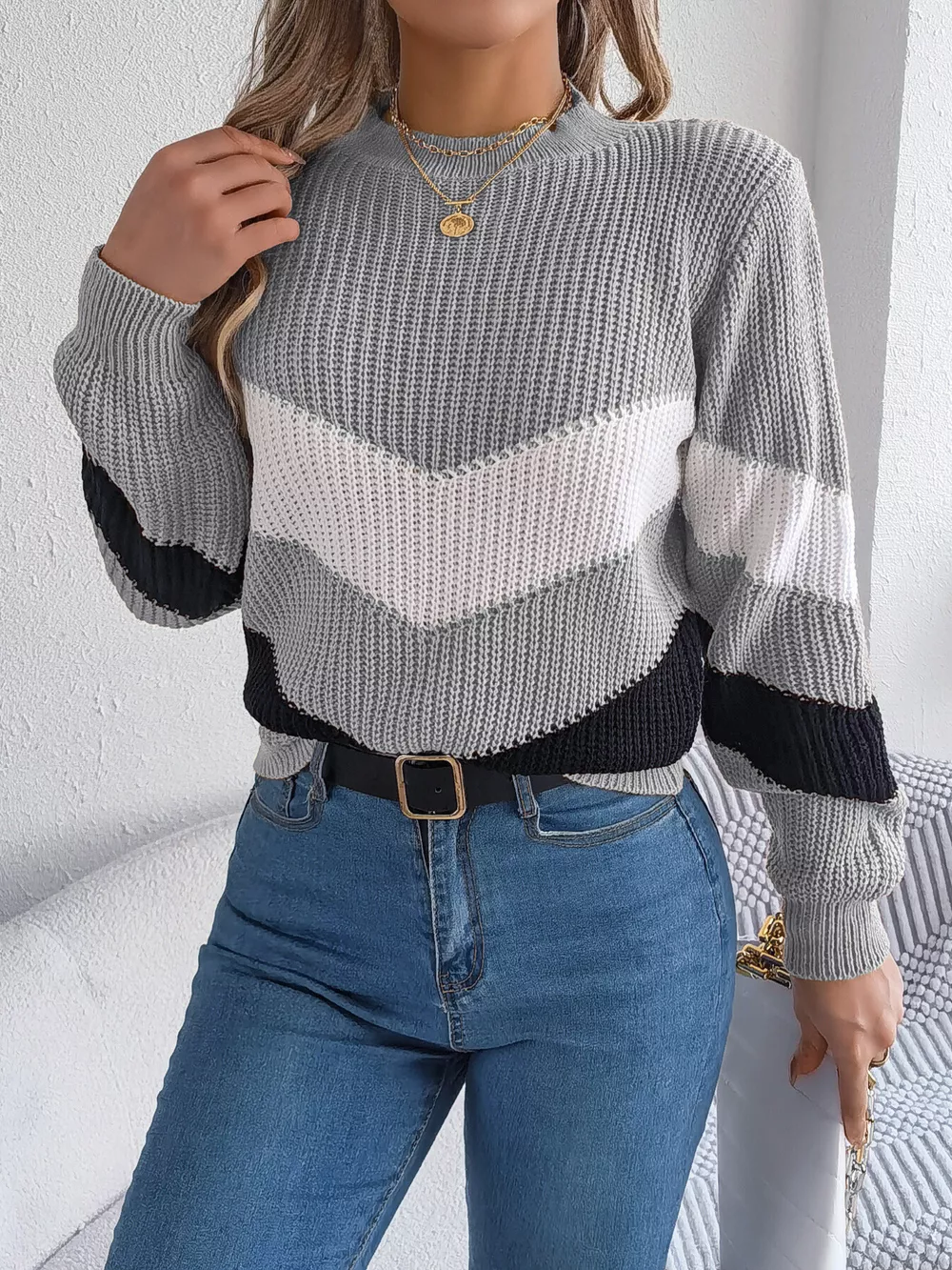 Chevron Stripe Color Block Round Neck Sweater, image 11