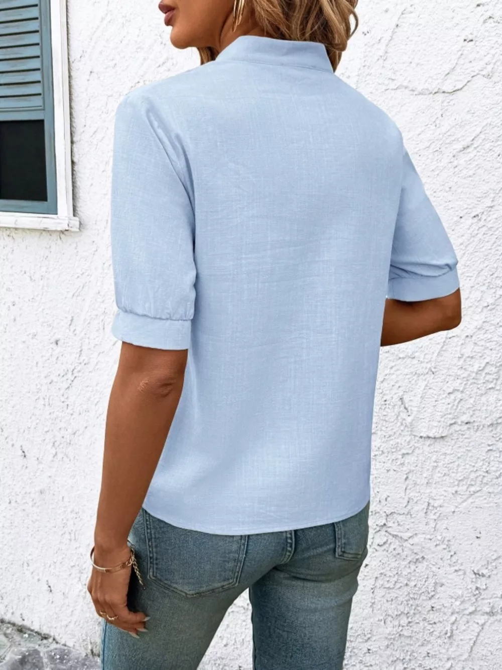Embroidered Notched Short Sleeve Blouse, image 6