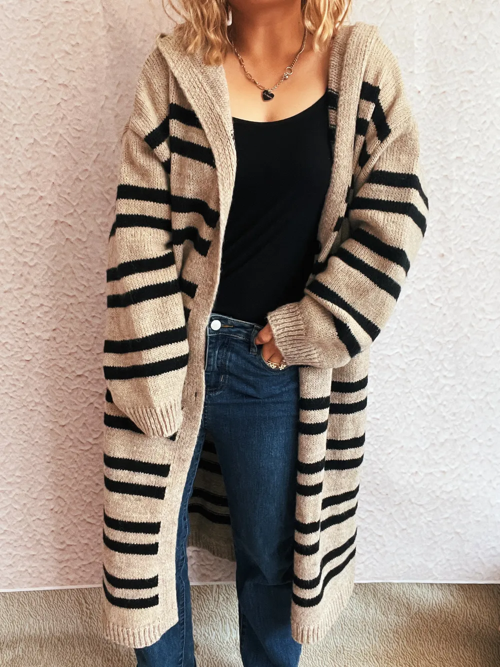 Striped Open Front Hooded Cardigan, image 4