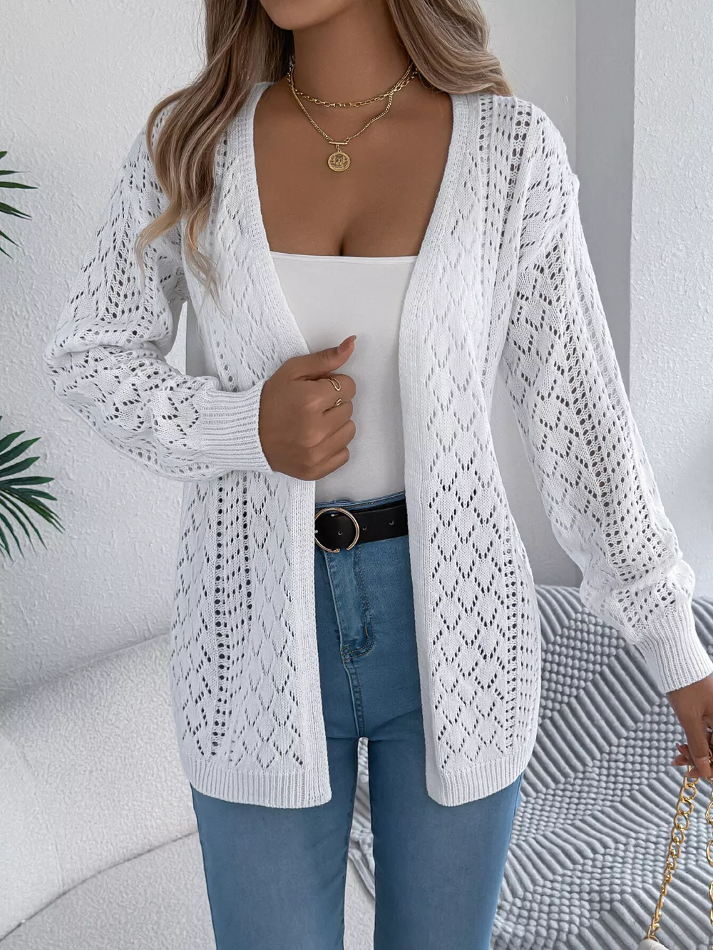 Openwork Open-Front Long Sleeve Cardigan, image 5