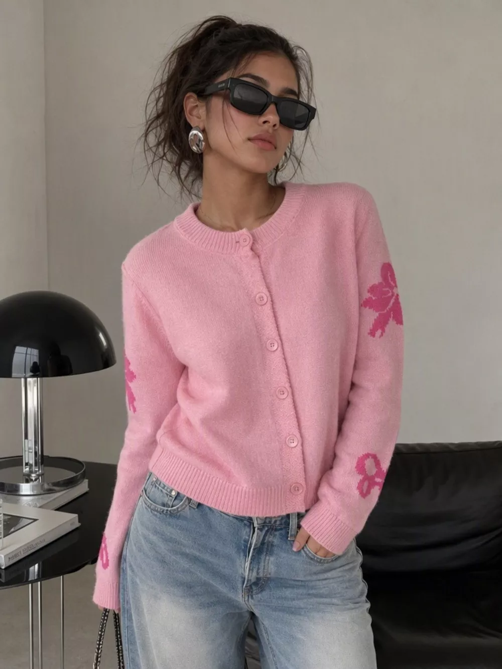 Floral Crew Neck Cropped Knit Cardigan, image 20