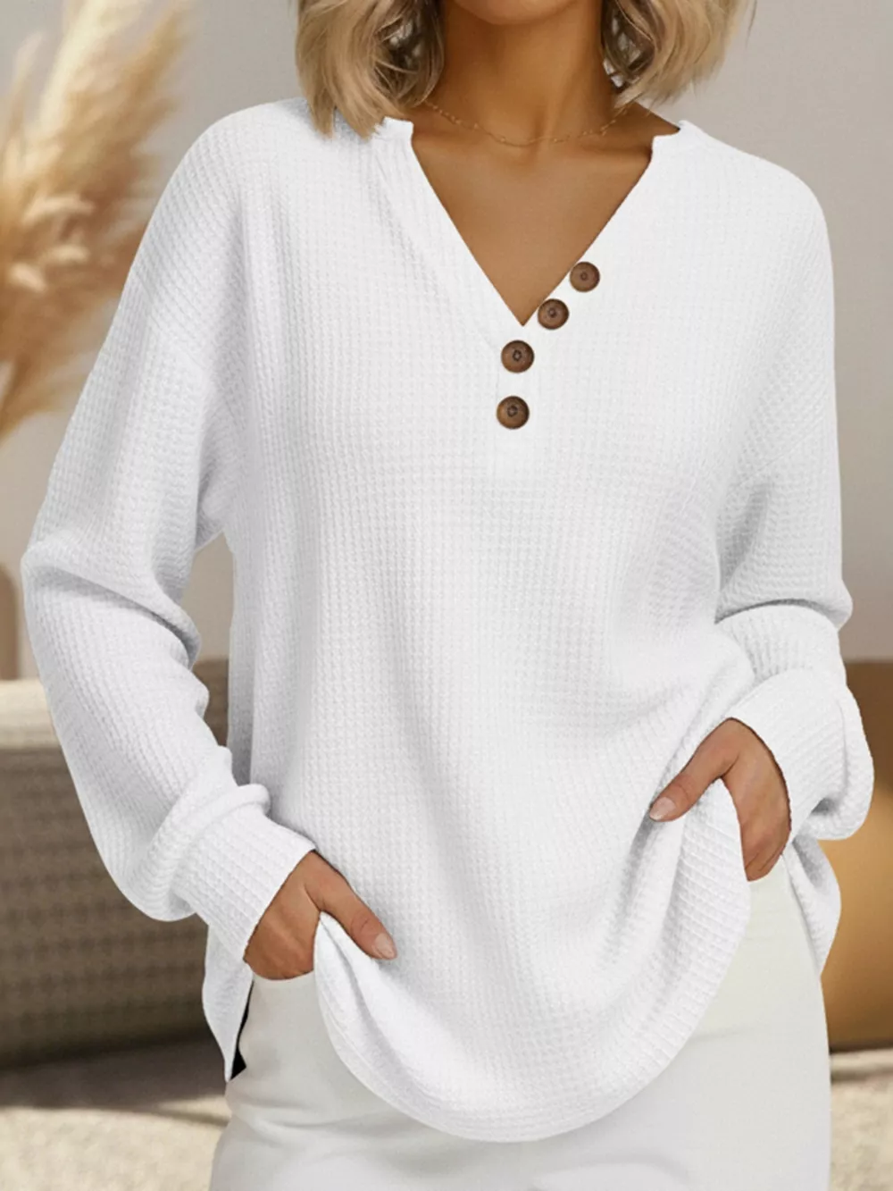 Full Size Casual Waffle Knit V-Neck Long Sleeve T-Shirt Plus Size, image 7