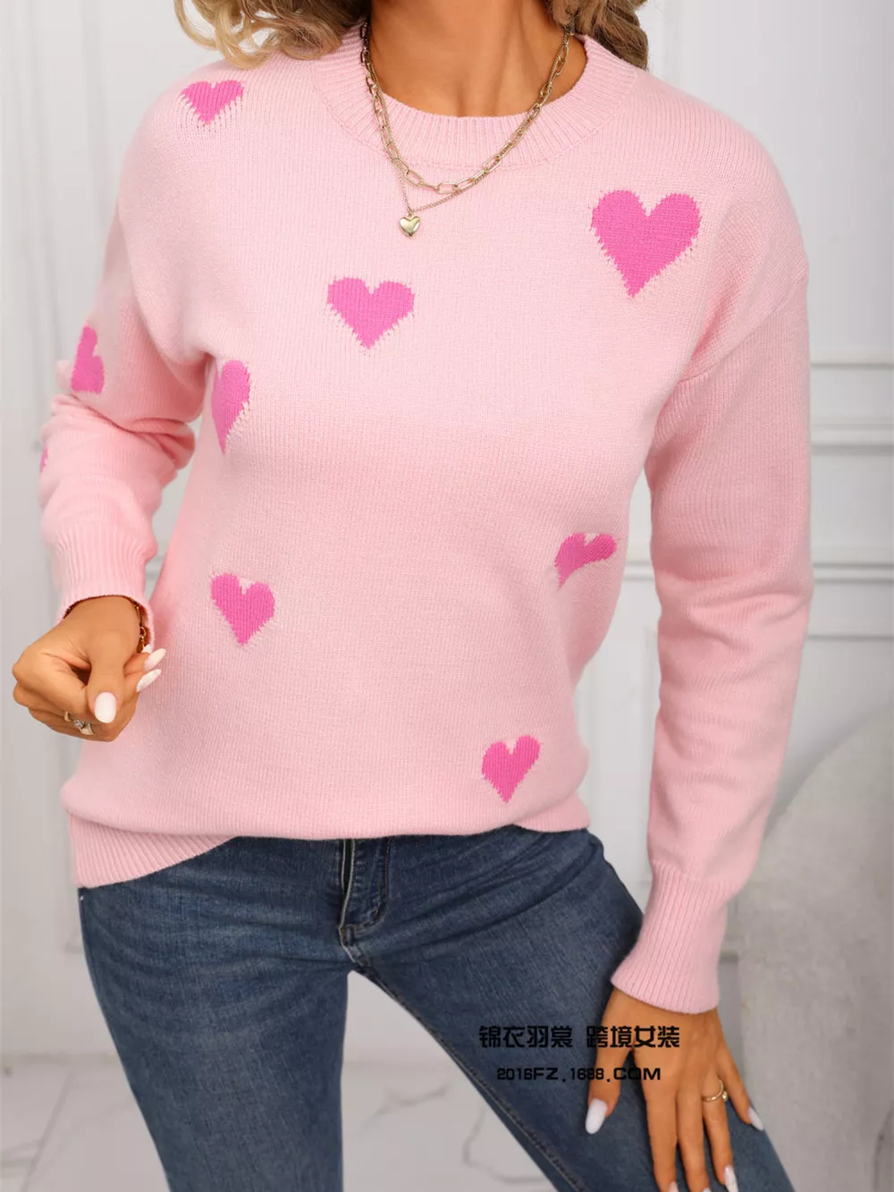 Valentine's Day Heart Print Round Neck Sweater, image 3