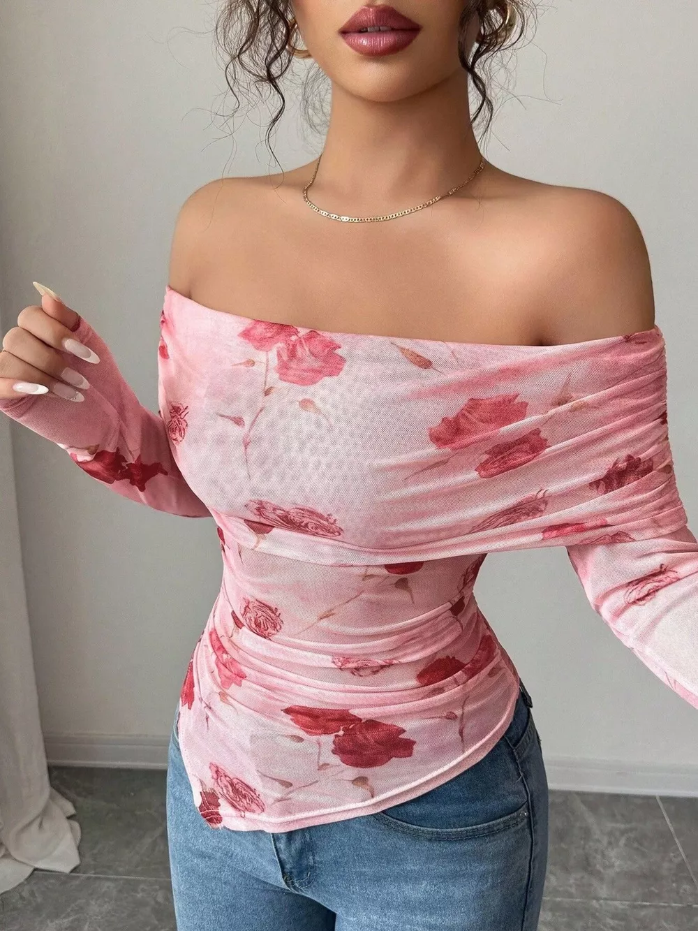 Floral Print Off-Shoulder Mesh Top, image 3