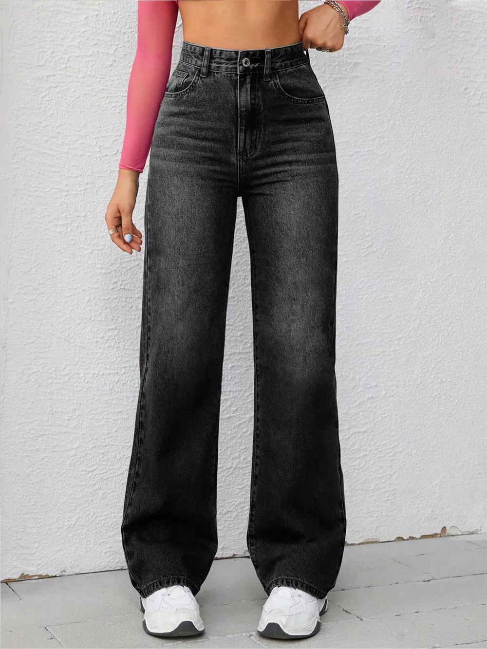 High-Waisted Wide-Leg Washed Jeans, image 4
