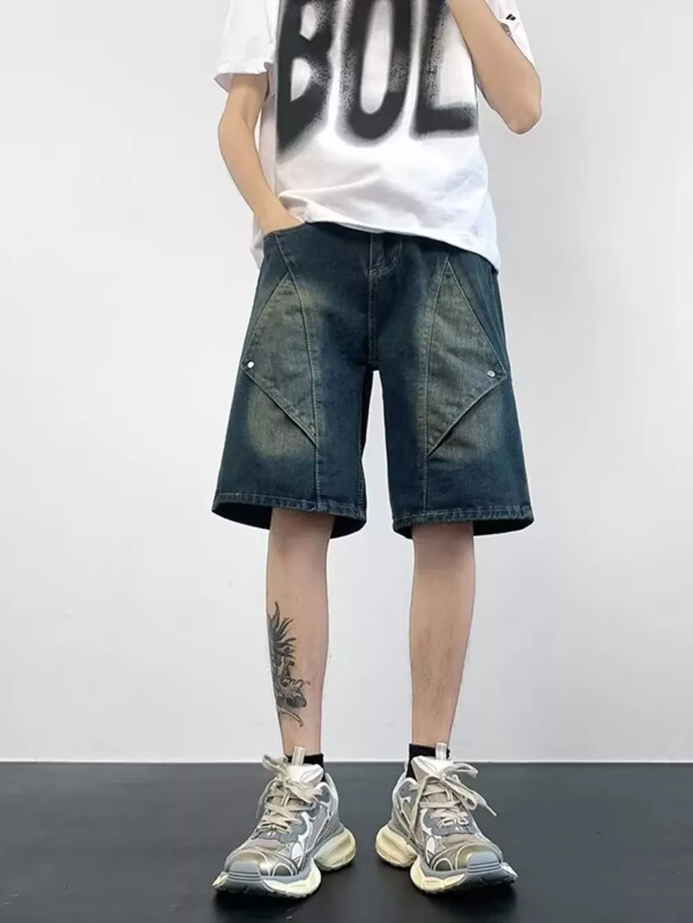 Men's Plus Size Wash Denim Shorts with Pockets, image 4