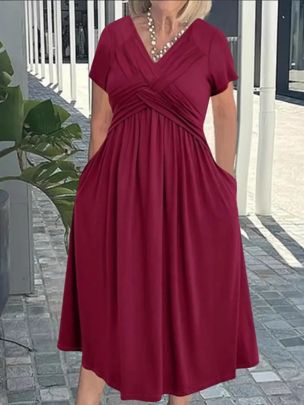 V-Neck Short Sleeve Midi Dress, image 2