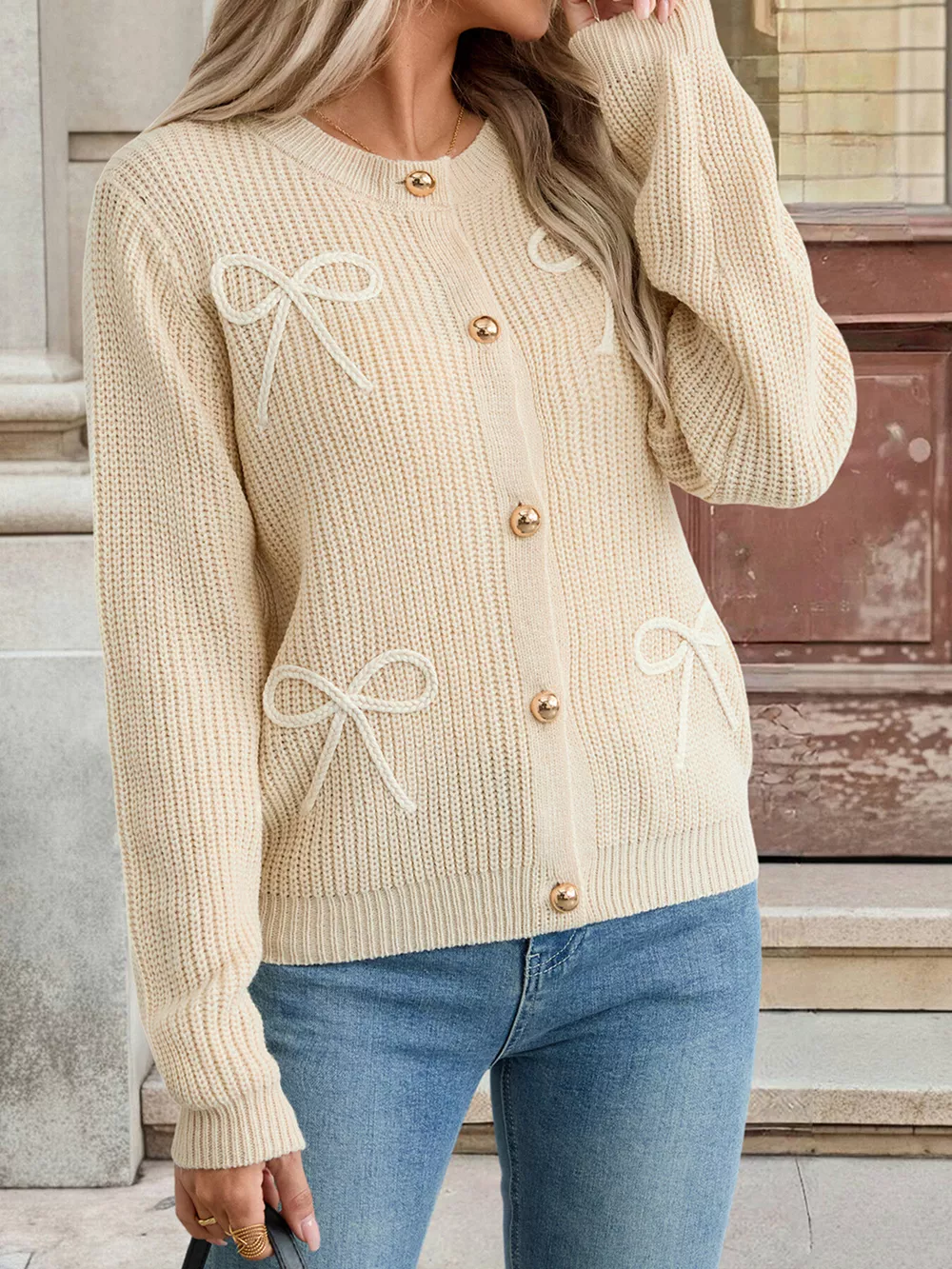 Bow Button Up Long Sleeve Cardigan, image 3