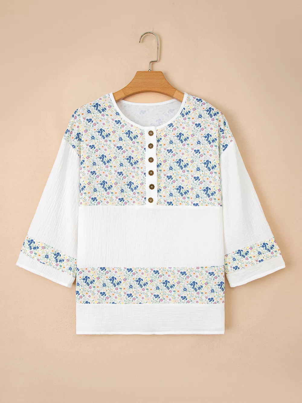 Floral Print Henley Button 3/4 Sleeve Blouse, image 10