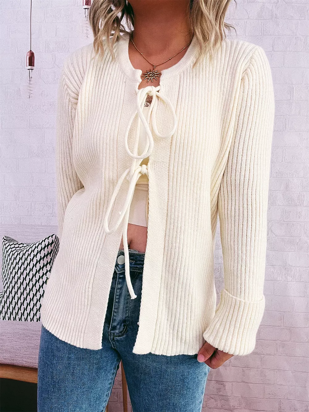 Ribbed Tie Front Long Sleeve Cardigan, image 4