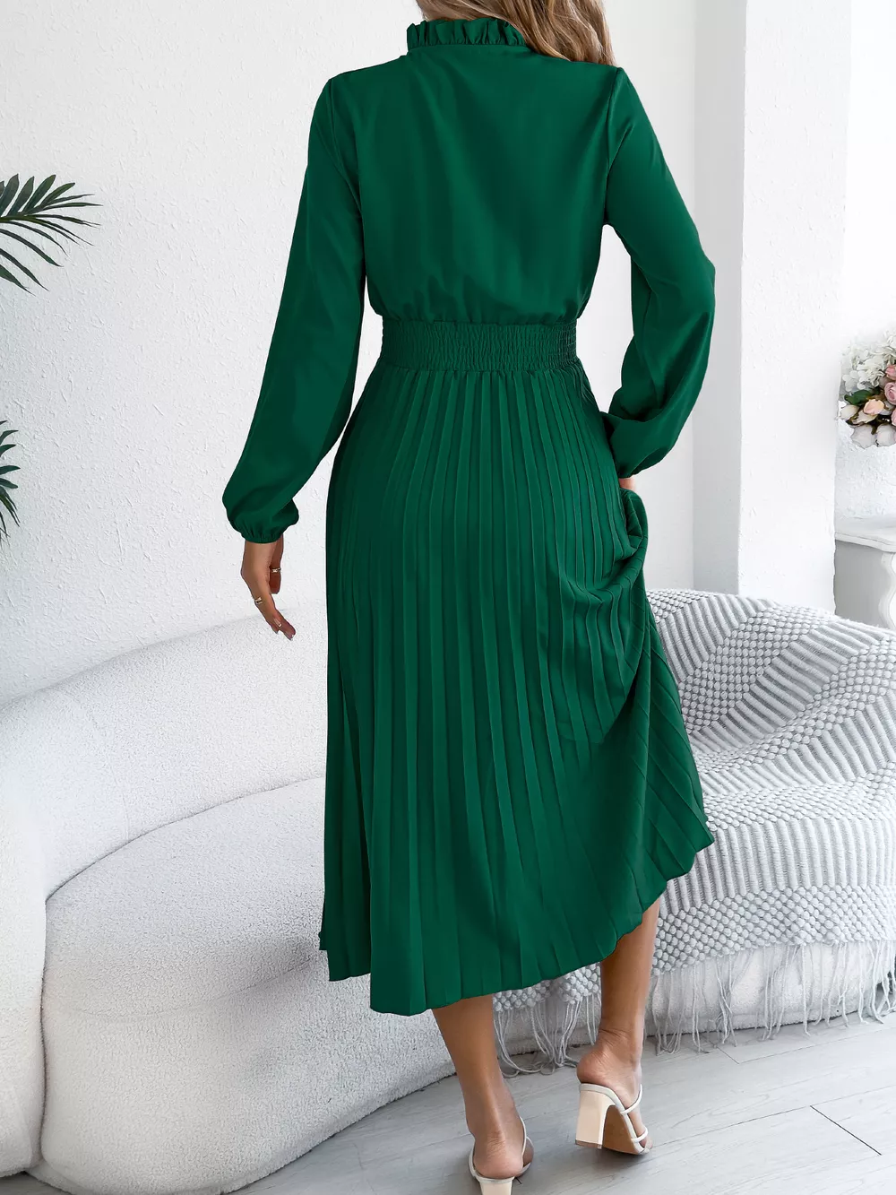 Smocked Pleated Tie Neck Dress, image 5